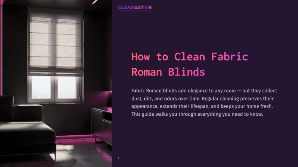 1 How To Clean Fabric Roman Blinds A Modern Living Room With A Dark Theme, Featuring A Black Couch With Pink Led Accent Lighting, A Window With A White Shade, And A Black Side Table. The Text Overlay Reads &Quot;How To Clean Fabric Roman Blinds&Quot;.