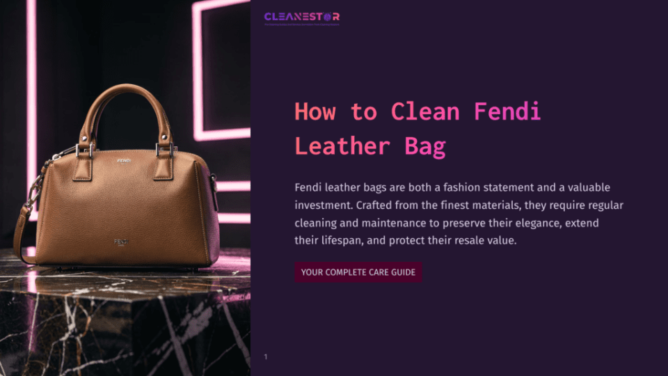 1 How To Clean Fendi Leather Bag A Luxurious Brown Fendi Leather Handbag Sits On A Polished Marble Surface. The Bag Is The Focal Point, With Its Rich Texture And Fendi Logo Visible. The Background Is A Dark, Moody Gradient With The Text &Quot;How To Clean Fendi Leather Bags&Quot; And &Quot;Cleanestor&Quot; Displayed.