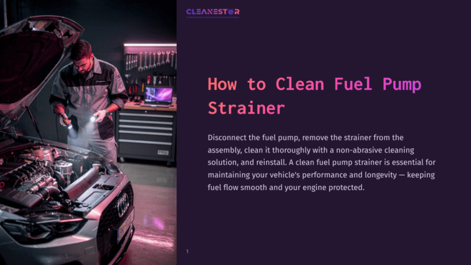 1 How To Clean Fuel Pump Strainer A Mechanic In A Gray Uniform Uses A Flashlight To Inspect The Engine Of A Silver Car, With A Toolbox And Car Parts In The Background. Text Reads: &Quot;Cleanestor - How To Clean Fuel Pump Strainer&Quot;.