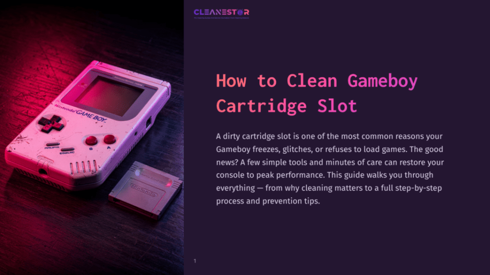 1 How To Clean Gameboy Cartridge Slot A Vintage Nintendo Game Boy And A Game Cartridge Sit On A Dark, Textured Surface, Illuminated By Dramatic Pink And Purple Lighting. Text Overlay Reads &Quot;How To Clean Gameboy Cartridge Slot&Quot;.