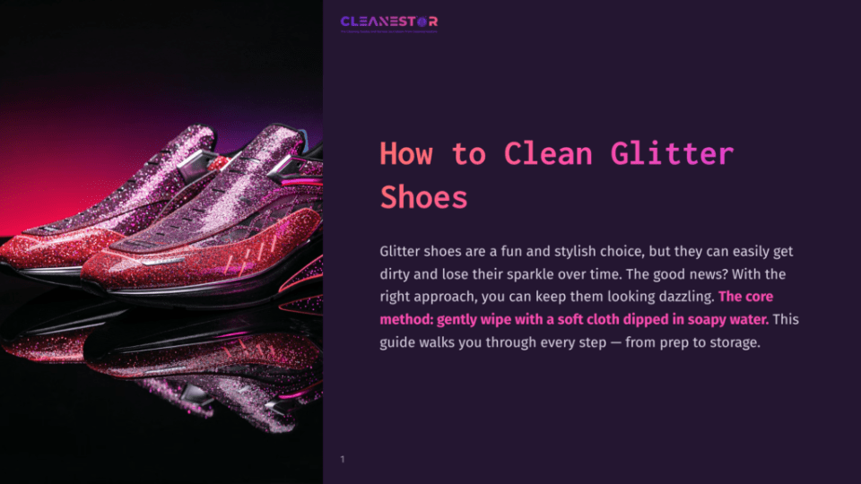 1 How To Clean Glitter Shoes Close-Up Of Sparkly Pink And Red Glitter Sneakers With Neon Pink Trim, Reflected On A Dark, Glossy Surface.