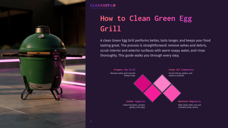 1 How To Clean Green Egg Grill Green Egg Grill, A Large Green Ceramic Cooking Device, Stands On A Concrete Floor With Purple Lighting. A Diagram Nearby Illustrates Steps To Clean The Grill, Including Preparing It, Gathering Supplies, And Maintaining It Regularly.