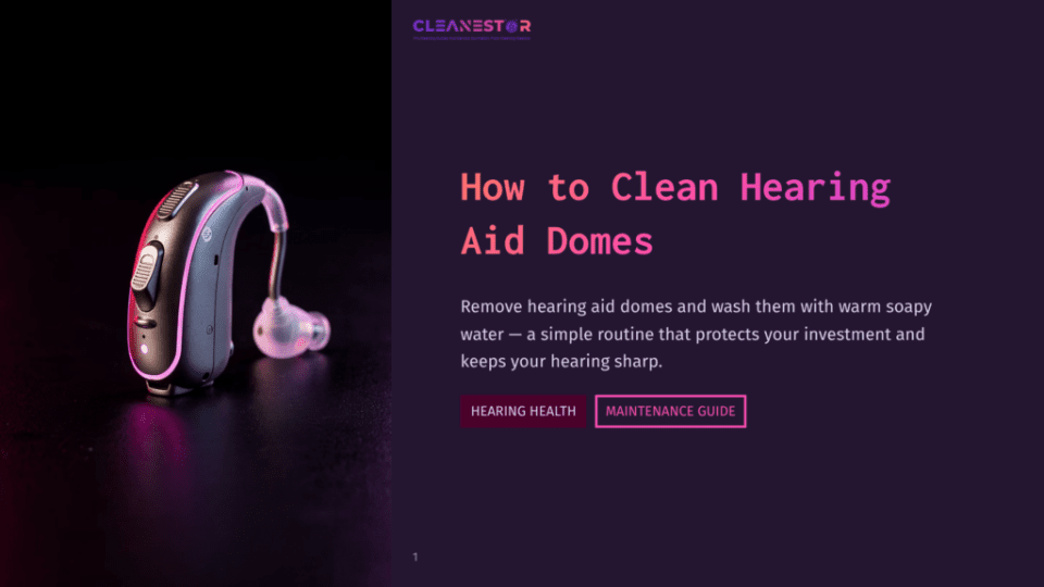 1 How To Clean Hearing Aid Domes A Close-Up Of A Pink And Gray Hearing Aid Dome On A Dark Background With A Cleanest Logo At The Top And Text That Reads &Quot;How To Clean Hearing Aid Domes.&Quot; The Text Below Explains The Importance Of Cleaning Hearing Aid Domes Regularly.