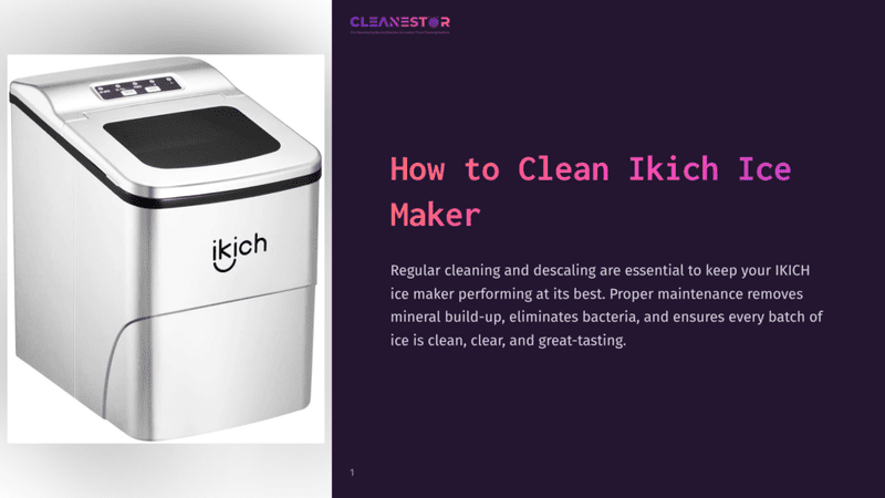1 How To Clean Ikich Ice Maker A Modern, Silver Ikich Ice Maker Sits On A White Surface, With The Brand Name &Quot;Ikich&Quot; Prominently Displayed On Its Front. The Text &Quot;How To Clean Ikich Ice Maker&Quot; Is Overlaid On A Dark Purple Background To The Right.