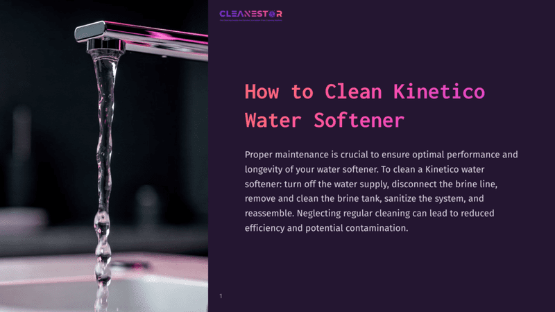 1 How To Clean Kinetico Water Softener Close-Up Of A Modern Chrome Faucet With A Strong Stream Of Clear Water Flowing Into A Sink, With The Cleanestor Logo And &Quot;How To Clean Kinetico Water Softener&Quot; Text Visible On The Right.