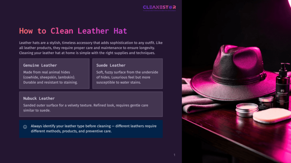 1 How To Clean Leather Hat A Stylish Black Leather Fedora Hat Rests On A Dark Fabric Next To Leather Care Products, Illuminated By Dramatic Pink And Purple Lighting.