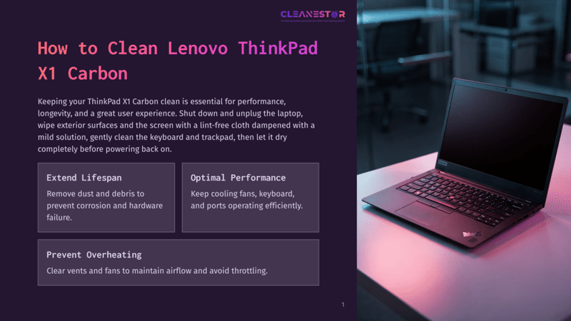 1 How To Clean Lenovo Thinkpad X1 Carbon A Dark Grey Lenovo Thinkpad X1 Carbon Laptop Is Open On A Textured Purple Surface. Text Overlays Provide Cleaning Instructions: &Quot;How To Clean Lenovo Thinkpad X1 Carbon&Quot;, &Quot;Extend Lifespan&Quot;, &Quot;Optimal Performance&Quot;, And &Quot;Prevent Overheating&Quot;.