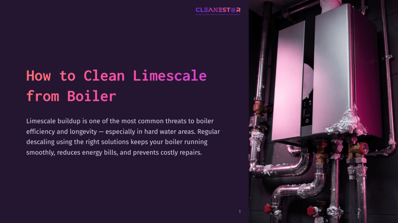 1 How To Clean Limescale From Boiler A Modern Silver And Black Boiler Unit Mounted On A Wall, Heavily Encrusted With White Limescale Buildup On Its Pipes And Lower Casing. The Text &Quot;Cleanestor&Quot; Is Visible At The Top.