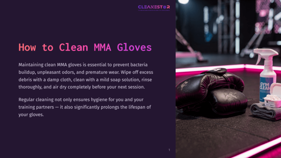 1 How To Clean Mma Gloves Black Mma Gloves Sit On A Black Surface Next To A Cleaning Spray Bottle, Folded Towels, And A Small Container Of Mints, Under A Pink Light.