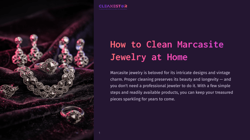 1 How To Clean Marcasite Jewelry At Home Close-Up Of Antique Marcasite Jewelry, Including Rings And Earrings, Sparkling On A Dark Velvet Surface. The Text &Quot;How To Clean Marcasite Jewelry At Home&Quot; Is Visible.