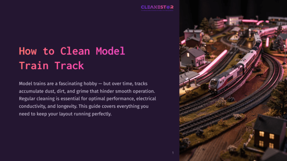 1 How To Clean Model Train Track Overhead View Of A Detailed Model Train Track With A Silver And Red Train On A Curve. The Track Is Surrounded By Miniature Buildings And Trees, Illuminated By Warm Lights, With The Title &Quot;How To Clean Model Train Track&Quot; On The Left.