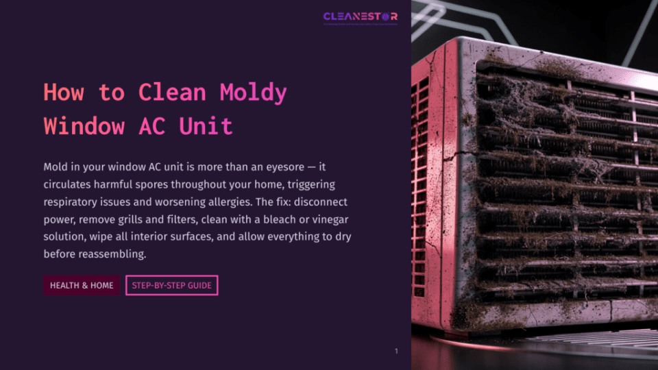 1 How To Clean Moldy Window Ac Unit Close-Up Of A Moldy, Dirty Window Air Conditioner Unit With Thick Green And Brown Mold Covering The Exterior Fins And Grills. The Image Highlights The Severe State Of Neglect And The Need For Cleaning.