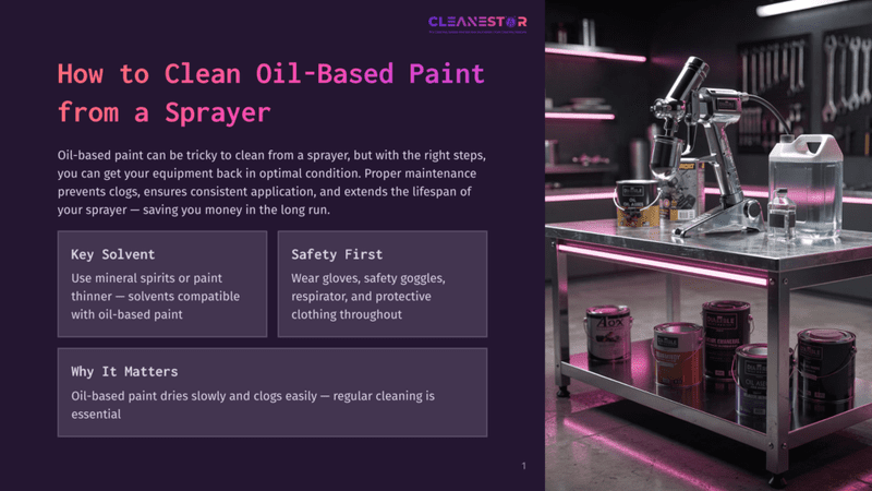 1 How To Clean Oil Based Paint From A Sprayer A Clean Oil-Based Paint Sprayer Sits On A Metal Workbench Next To Cans Of Oil-Based Paint, With Tools Hanging In The Background.