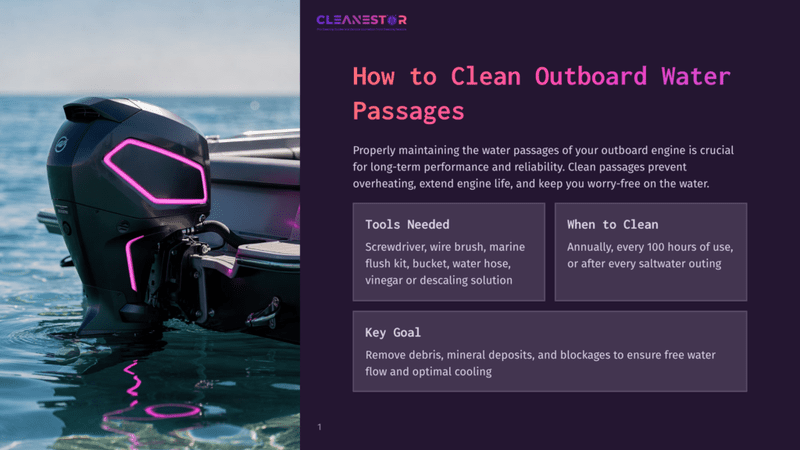 1 How To Clean Outboard Water Passages A Black Outboard Motor With Glowing Pink Accents Sits In Calm, Clear Blue Water. The Text &Quot;Cleanestor&Quot; Is Visible At The Top Of The Image.