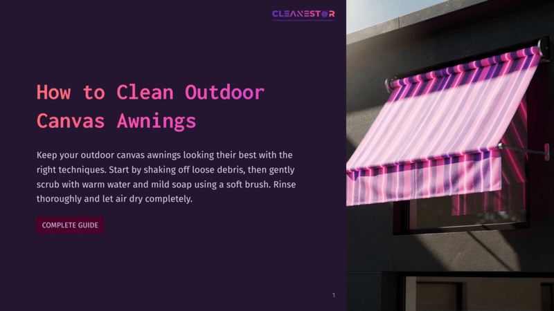 1 How To Clean Outdoor Canvas Awnings A Pink And Purple Striped Outdoor Canvas Awning Is Extended Over A Window On A Dark Building, Casting A Shadow. The Cleanestor Logo And &Quot;How To Clean Outdoor Canvas Awnings&Quot; Are Visible On The Left.