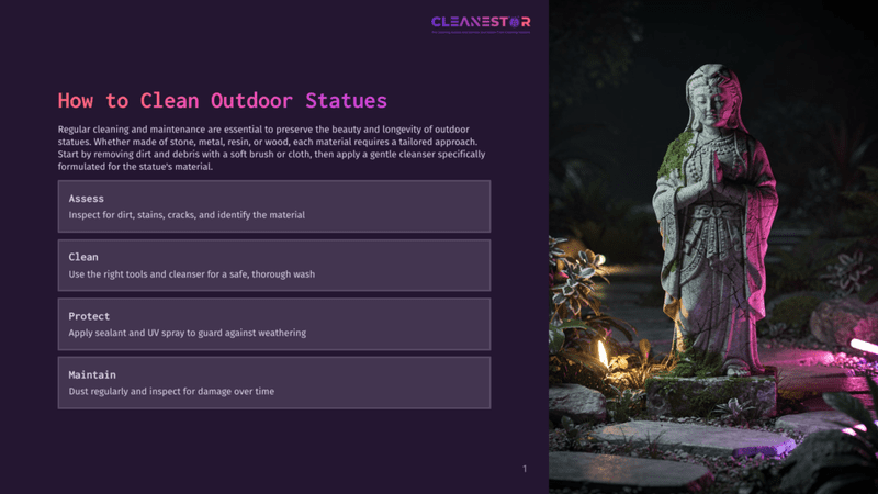 1 How To Clean Outdoor Statues A Serene Outdoor Statue Of A Meditating Figure, Covered In Moss And Surrounded By Lush Greenery And Subtle Lighting, With The Text &Quot;Cleanestor&Quot; And Instructions On How To Clean Outdoor Statues Visible.
