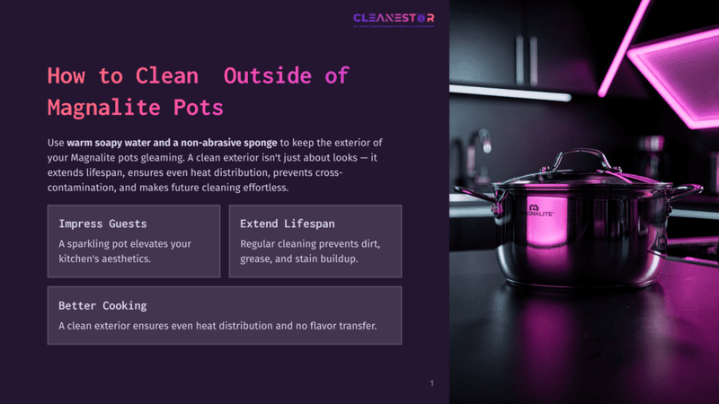 1 How To Clean Outside Of Magnalite Pots A Shiny Magnolite Pot Sits On A Dark Countertop, Illuminated By Vibrant Pink Neon Lights, With A Kitchen Setting In The Background. Text Overlay Reads &Quot;Cleanestor&Quot; And &Quot;How To Clean Outside Of Magnolite Pots&Quot;.