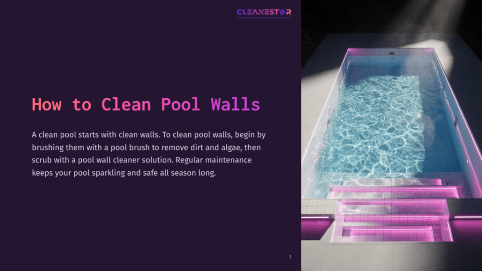 1 How To Clean Pool Walls A Sparkling Clean Swimming Pool With Clear Blue Water, Illuminated By Soft Purple Lights Along The Steps. The Text &Quot;Cleanestar&Quot; Is Visible At The Top Left.
