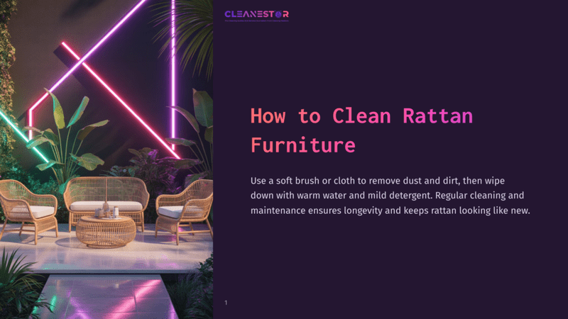 1 How To Clean Rattan Furniture How To Clean Rattan Furniture&Quot; Title Card With A Modern Patio Set Featuring Rattan Chairs And A Coffee Table, Illuminated By Neon Pink And Blue Lights Against A Dark Background.