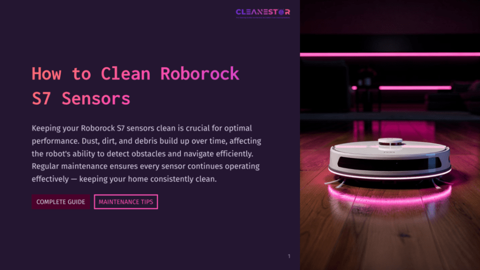 A White Roborock S7 Robot Vacuum Cleaner With Pink Led Lights On A Shiny Wooden Floor. Text On The Left Reads &Quot;How To Clean Roborock S7 Sensors&Quot; And &Quot;Complete Guide&Quot; And &Quot;Maintenance Tips&Quot;.