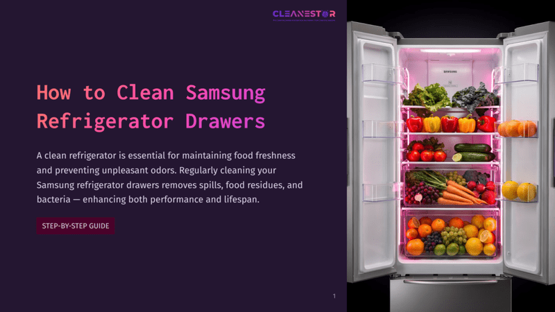 1 How To Clean Samsung Refrigerator Drawers Open Samsung Refrigerator With Bright Pink Interior Lighting, Filled With Fresh Fruits And Vegetables In Clear Drawers. Text Overlay: &Quot;How To Clean Samsung Refrigerator Drawers&Quot;.