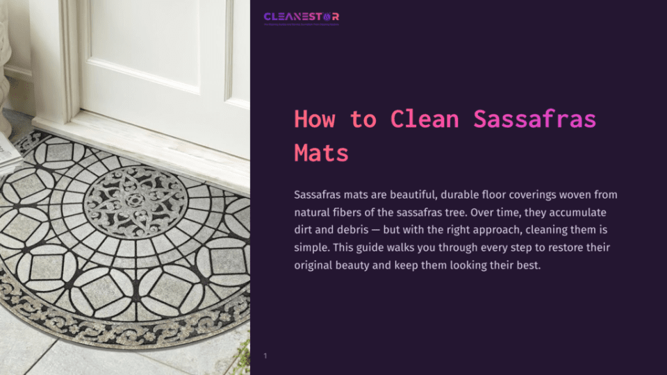 1 How To Clean Sassafras Mats A Decorative, Circular Sassafras Doormat With A Geometric Pattern Sits On A Porch In Front Of A White Door. Text Overlay Reads &Quot;How To Clean Sassafras Mats&Quot;.