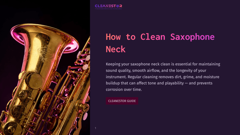 1 How To Clean Saxophone Neck Close-Up Of A Gleaming Golden Saxophone Neck With Pink And Purple Lighting, Featuring The Text &Quot;Cleanestor&Quot; And &Quot;How To Clean Saxophone Neck&Quot;.