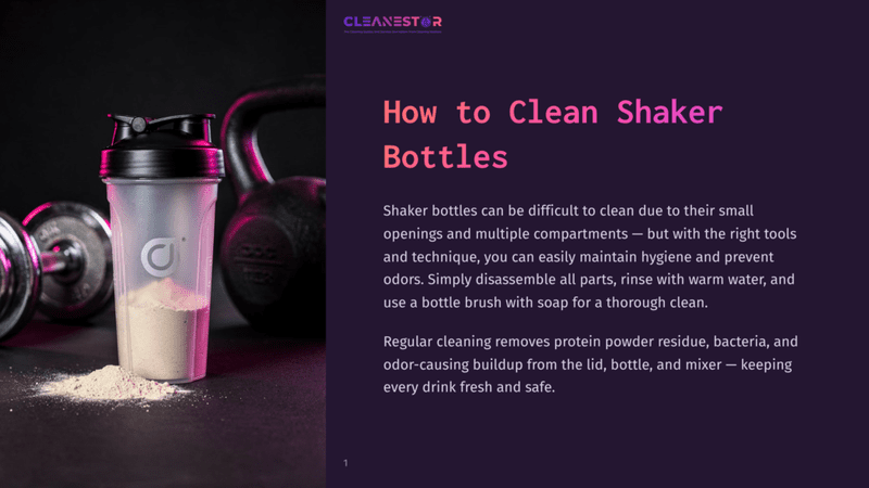 1 How To Clean Shaker Bottles A Protein Shaker Bottle With Powder Sits Next To Dumbbells And A Kettlebell On A Dark Surface, With Text &Quot;How To Clean Shaker Bottles&Quot; Overlayed.