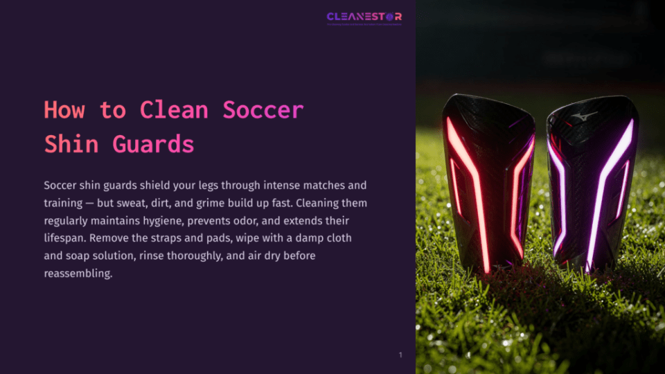 1 How To Clean Soccer Shin Guards 1 Close-Up Of Two Black Soccer Shin Guards With Glowing Red And Purple Accents, Resting On A Grassy Field At Night. Text Overlay Reads &Quot;Cleanestar&Quot; And &Quot;How To Clean Soccer Shin Guards&Quot;.
