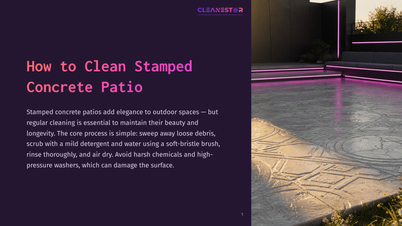 1 How To Clean Stamped Concrete Patio A Stamped Concrete Patio With Intricate Geometric Patterns, Illuminated By Warm Sunlight And Accented By Modern Pink Led Lighting. The Text &Quot;Cleanestor&Quot; And &Quot;How To Clean Stamped Concrete Patio&Quot; Is Visible.