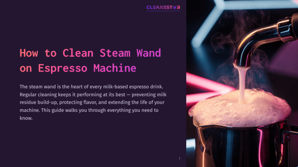 1 How To Clean Steam Wand On Espresso Machine Close-Up Of An Espresso Machine Steam Wand Frothing Milk, Creating A Rich Foam. The Text &Quot;How To Clean Steam Wand On Espresso Machine&Quot; Is Overlaid On The Left.
