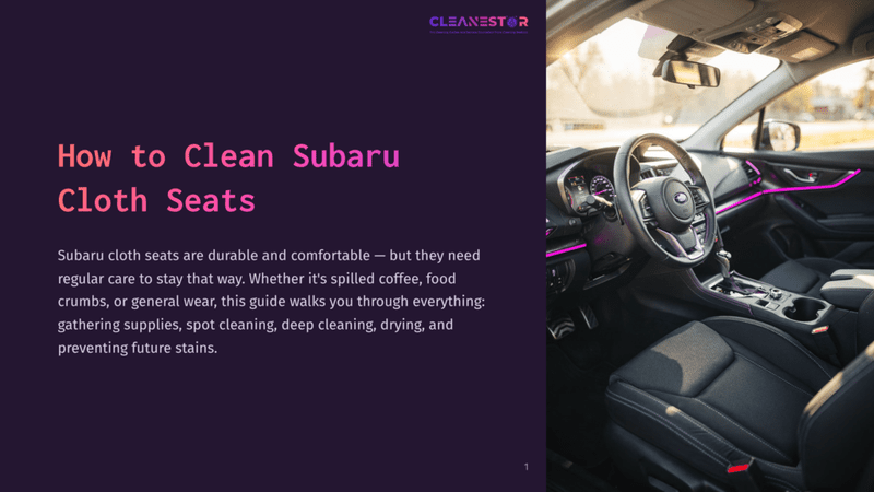 1 How To Clean Subaru Cloth Seats Interior Of A Subaru, Showing The Driver'S Seat With Purple Ambient Lighting On The Dashboard And Door Panel. The Text &Quot;How To Clean Subaru Cloth Seats&Quot; Is Overlaid On The Left Side Of The Image.