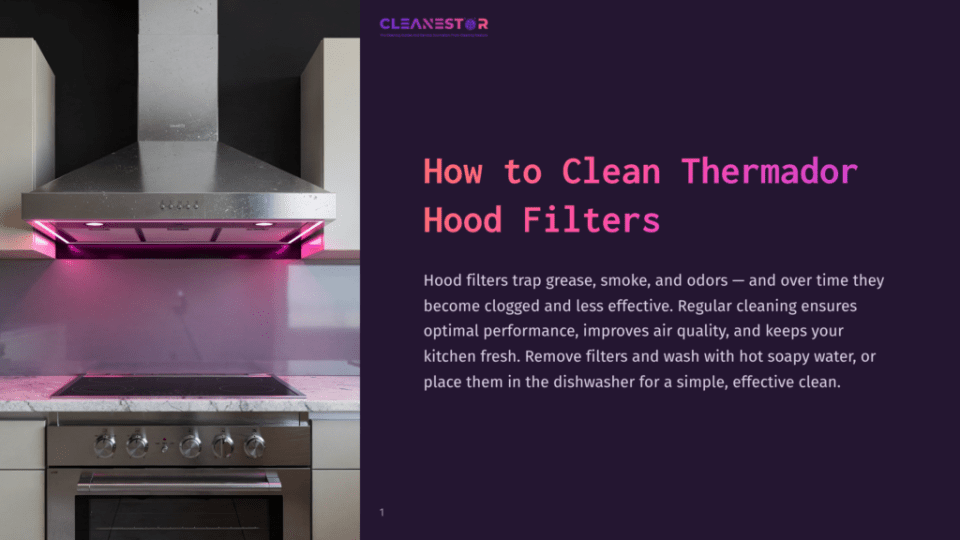 1 How To Clean Thermador Hood Filters A Modern Kitchen With A Stainless Steel Thermador Hood With Pink Led Lights Over A Stovetop, With Text &Quot;How To Clean Thermador Hood Filters&Quot; Overlaid.