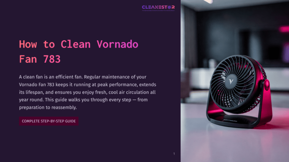 1 How To Clean Vornado Fan 783 A Vornado Fan 783 Sits On A Dark Surface, Illuminated By Pinkish-Purple Light. The Fan Is Black With A Silver Vornado Logo. The Text &Quot;How To Clean Vornado Fan 783&Quot; Is Visible On The Left.