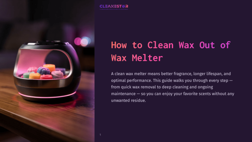 1 How To Clean Wax Out Of Wax Melter A Modern Black Wax Melter With Colorful Wax Melts Inside, Illuminated By Pink And Purple Led Lights, Sits On A Wooden Table Next To A Dark Background. The Text &Quot;Cleanestor&Quot; Is Visible At The Top.