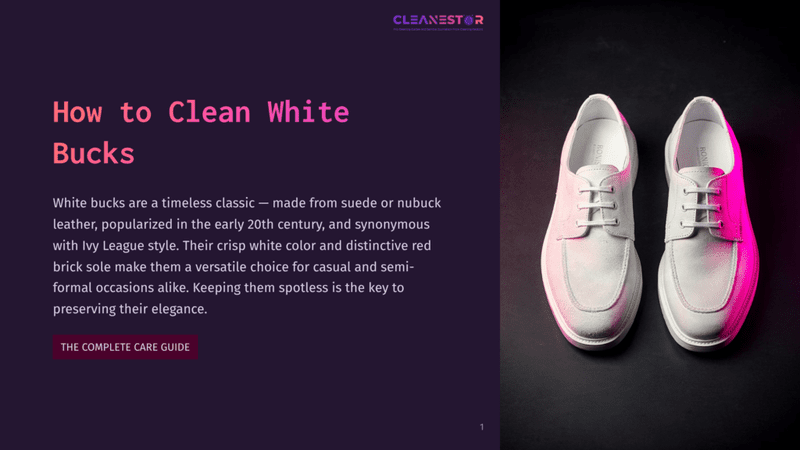 1 How To Clean White Bucks A Pair Of White Suede Or Nubuck Leather Bucks With Pink Soles, A Classic Style Made Popular In The Early 20Th Century, Rests Against A Dark Background. The Text &Quot;How To Clean White Bucks&Quot; Is Displayed Prominently.