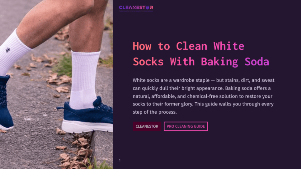 1 How To Clean White Socks With Baking Soda Close-Up Of A Person'S Legs Wearing White Athletic Socks And Blue Running Shoes, Walking On A Sidewalk Next To Green Grass. The Text &Quot;How To Clean White Socks With Baking Soda&Quot; Is Visible.