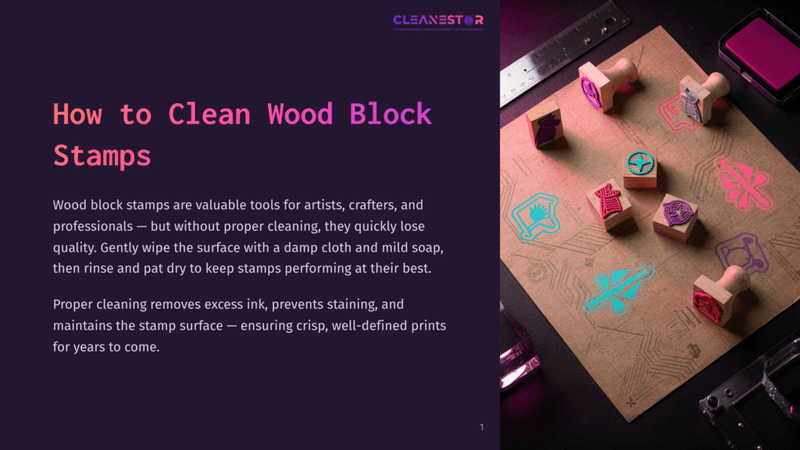 1 How To Clean Wood Block Stamps A Collection Of Wood Block Stamps With Colorful Ink Impressions On A Textured Paper, Alongside Cleaning Supplies And A Ruler. Text Overlay Reads &Quot;How To Clean Wood Block Stamps.