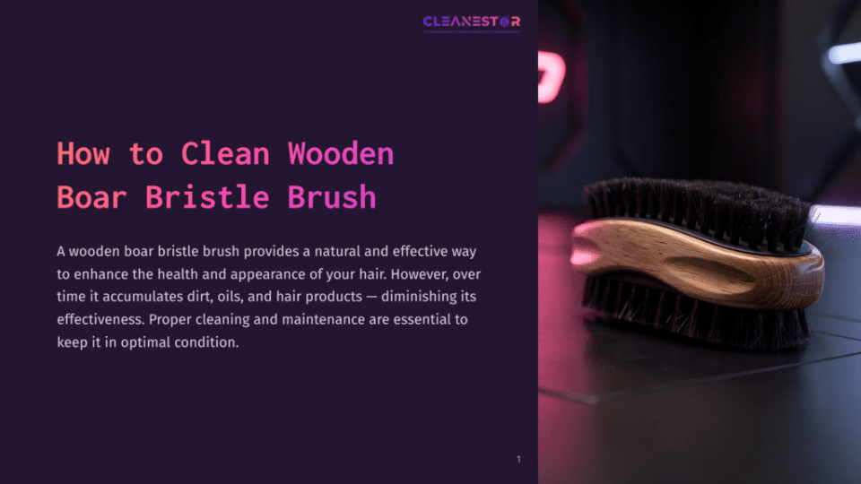 1 How To Clean Wooden Boar Bristle Brush Close-Up Of A Wooden Boar Bristle Brush With Dark Bristles And A Polished Wooden Handle, Resting On A Dark Textured Surface With Purple And Pink Lighting.