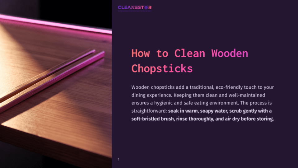 1 How To Clean Wooden Chopsticks Cleanestor Logo Above A Guide On How To Clean Wooden Chopsticks, Featuring A Close-Up Of Two Wooden Chopsticks Resting On A Polished Wooden Surface.