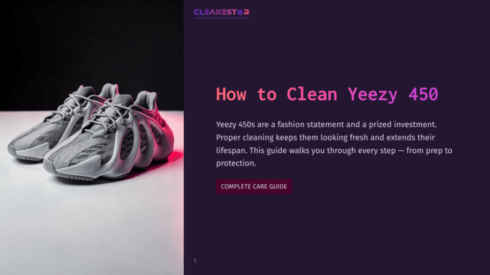 1 How To Clean Yeezy 450 A Pair Of White Yeezy 450 Sneakers On A White Surface With A Dark Background. The Sneakers Have A Modern Design With A Mix Of Mesh And Synthetic Materials. The Words &Quot;How To Clean Yeezy 450&Quot; Appear Above The Sneakers, Indicating A Guide Or Tutorial About Maintaining These Shoes.