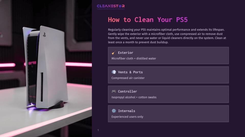 1 How To Clean Your Ps5 A White Playstation 5 Console Stands Vertically On A White Surface, Illuminated By Purple Led Lights. The Image Is A Graphic Overlay With Text Titled &Quot;How To Clean Your Ps5&Quot; And Sections On Exterior, Vents &Amp; Ports, Controller, And Internals.