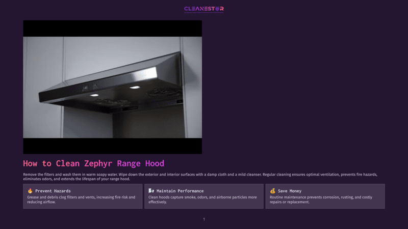 1 How To Clean Zephyr Range Hood A Stainless Steel Zephyr Range Hood Is Mounted Above A Stovetop, With Its Filters And Lights Visible. Text Reads &Quot;How To Clean Zephyr Range Hood&Quot;.