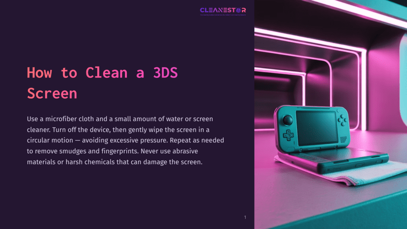 1 How To Clean A 3Ds Screen A Nintendo 3Ds Xl And Microfiber Cloth Rest On A Reflective Surface, Illuminated By Vibrant Neon Pink And Purple Lights. The Screen Displays &Quot;How To Clean A 3Ds Screen&Quot; In Large White And Pink Text.