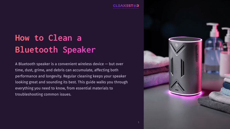 1 How To Clean A Bluetooth Speaker A Sleek, Silver Bluetooth Speaker With Pink Led Lights Rests On A Stack Of Clean, Folded Towels. The Text &Quot;How To Clean A Bluetooth Speaker&Quot; Is Prominent On The Left Side Of The Dark Purple Background.