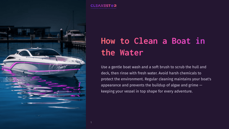 1 How To Clean A Boat In The Water A Sleek White Speedboat With Vibrant Pink Led Lighting Docked On The Water, With The Cleanestor Logo And &Quot;How To Clean A Boat In The Water&Quot; Text Visible.