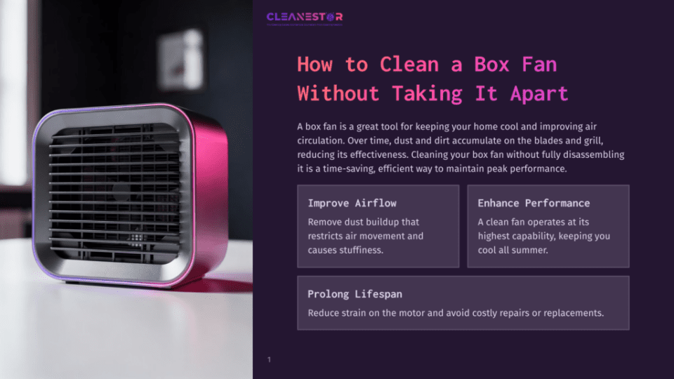 1 How To Clean A Box Fan Without Taking It Apart A Modern, Sleek White Box Fan Sits On A Reflective Surface, Illuminated By A Gradient Of Pink And Purple Light, With The Text &Quot;Cleanestor&Quot; And &Quot;How To Clean A Box Fan Without Taking It Apart&Quot; Visible.