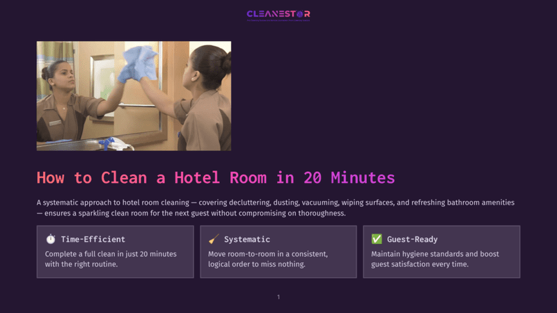 1 How To Clean A Hotel Room In 20 Minutes Two Women In Uniform Cleaning A Hotel Room, One Using A Cloth To Wipe A Window And The Other Holding A Cleaning Solution. A Text Overlay Reads &Quot;How To Clean A Hotel Room In 20 Minutes.&Quot; Below, Icons Represent Time Efficiency, Systematic Cleaning, And Guest Readiness.