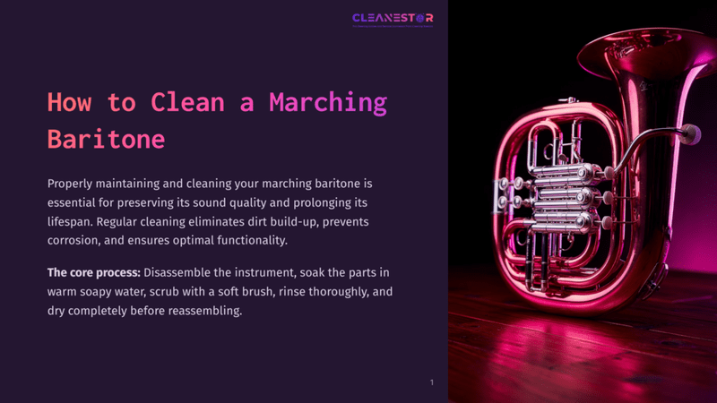 1 How To Clean A Marching Baritone A Shiny, Pink Marching Baritone Horn Rests On A Dark Wooden Surface, Illuminated By Vibrant Pink Stage Lighting. The Text &Quot;Cleanestor&Quot; Is Visible At The Top.