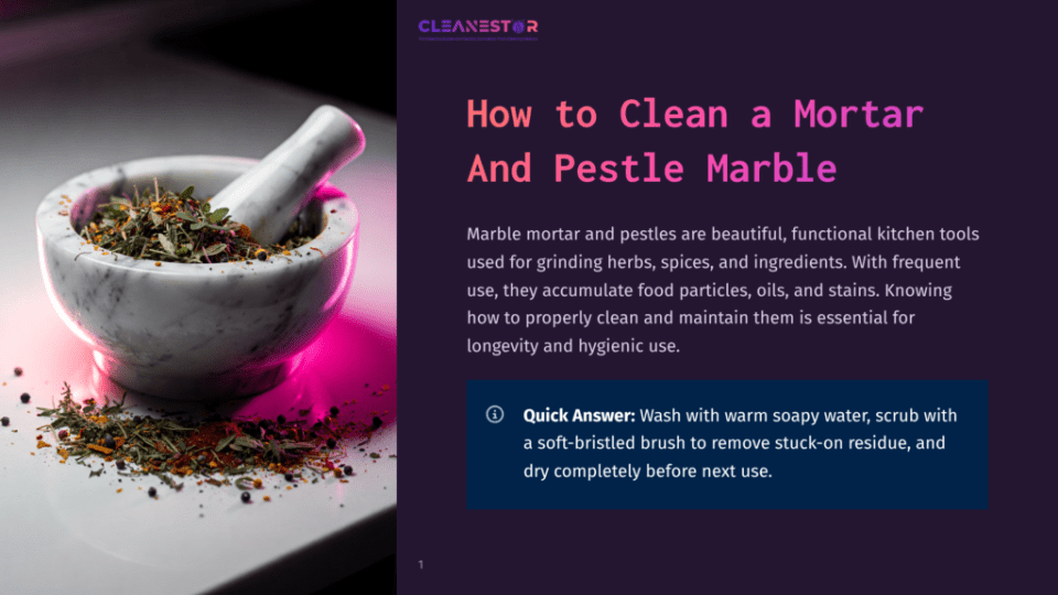 1 How To Clean A Mortar And Pestle Marble A Marble Mortar And Pestle On A White Surface With Herbs And Spices Inside, Illuminated By Pink Light. A Blue Box With A Q&Amp;A Prompt Suggests Washing With Warm Soapy Water And Drying Before Next Use.